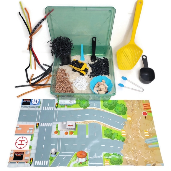 Sensory bin construction site with dump truck rocks rice beans scoops and more! - Picture 2 of 8